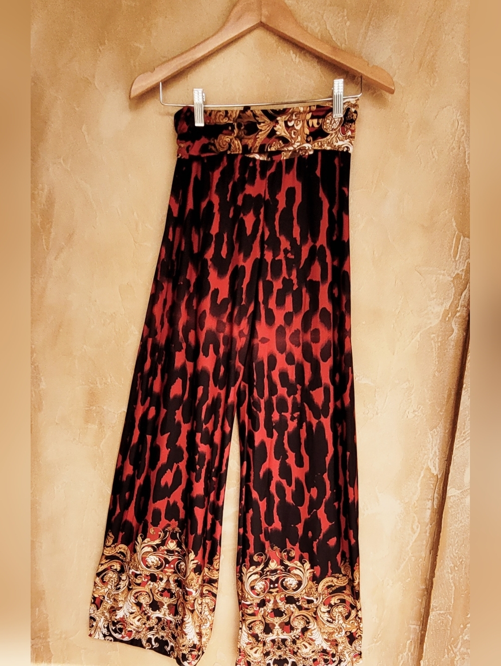 Beautiful Red and Black Leopard Print Palazzo Pants with Elaborate  Baroque Trim